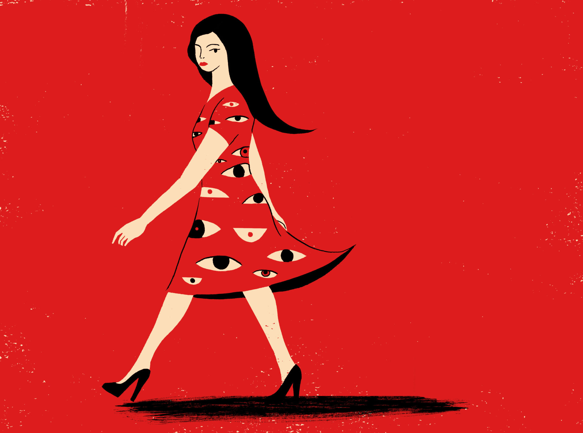 Illustration of woman wearing red dress with eyes on it